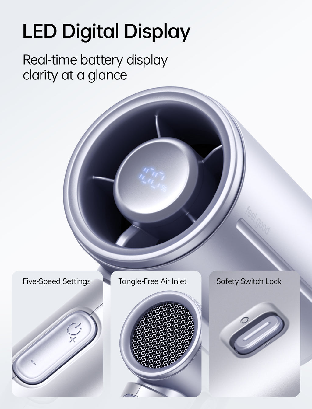 JISULIFE Ventilateur souffleur portable 9S Turbo – Équipé d'une batterie robuste de 5000 mAh pour une autonomie impressionnante de 22 heures, doté de 5 réglages de vitesse variables