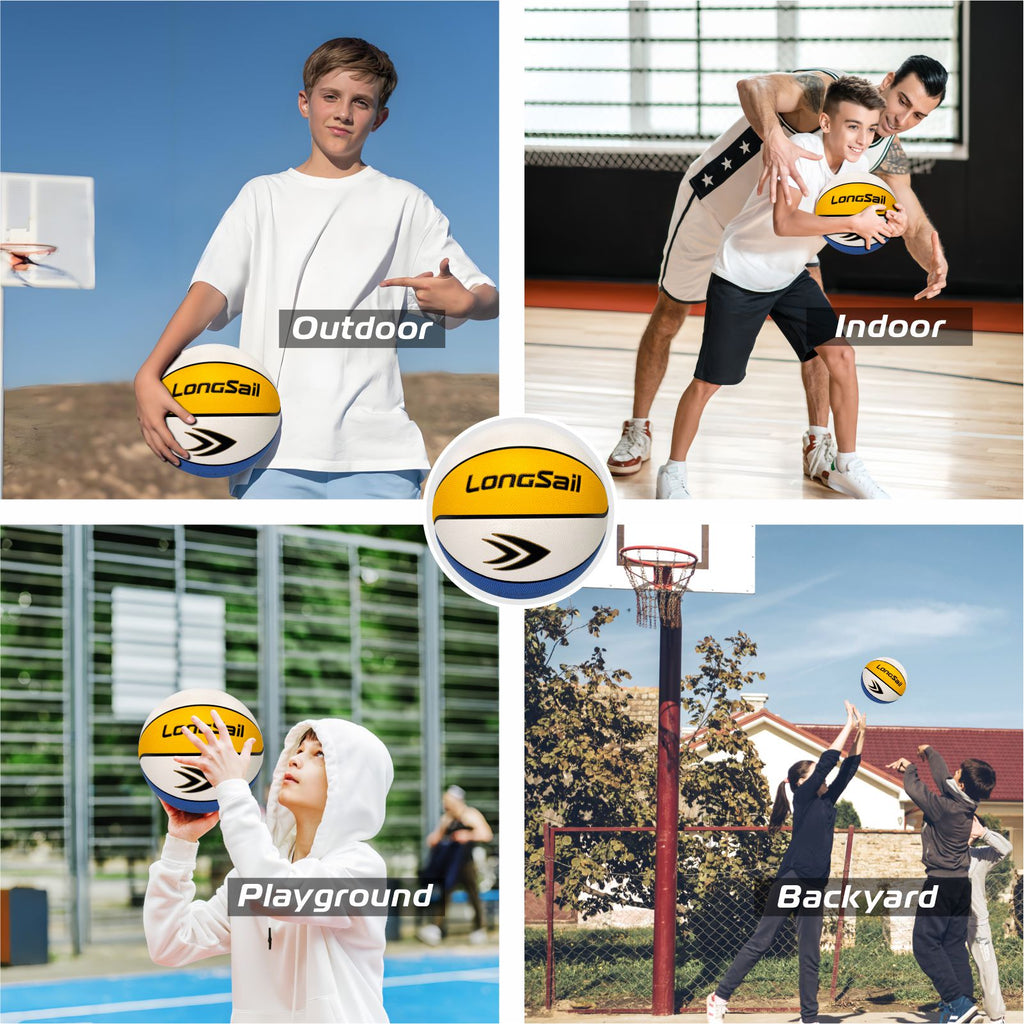 LONGSAIL Ballon de basket-ball en cuir composite haut de gamme/cuir microfibre taille 5 Jaune/Blanc/Bleu polyuréthane absorbant l’humidité