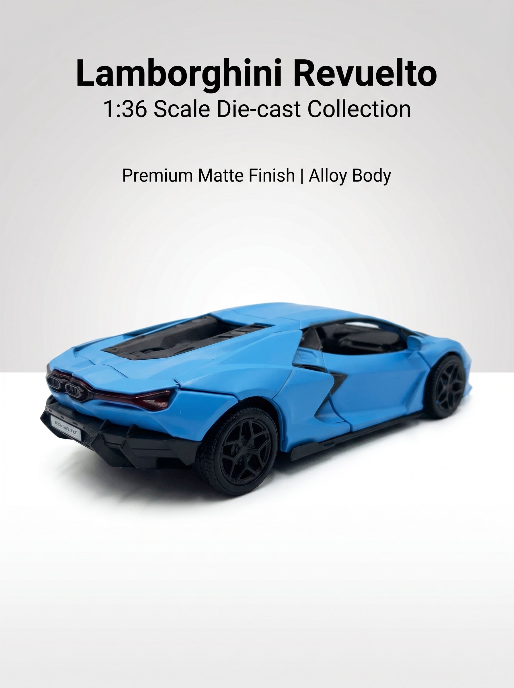 Voiture miniature 1:36 Lamborghini Revuelto, Finition bleu mat, Alliage moulé sous pression avec portes ouvrantes et action de recul, Jouet parfait pour enfants et pièce de décoration