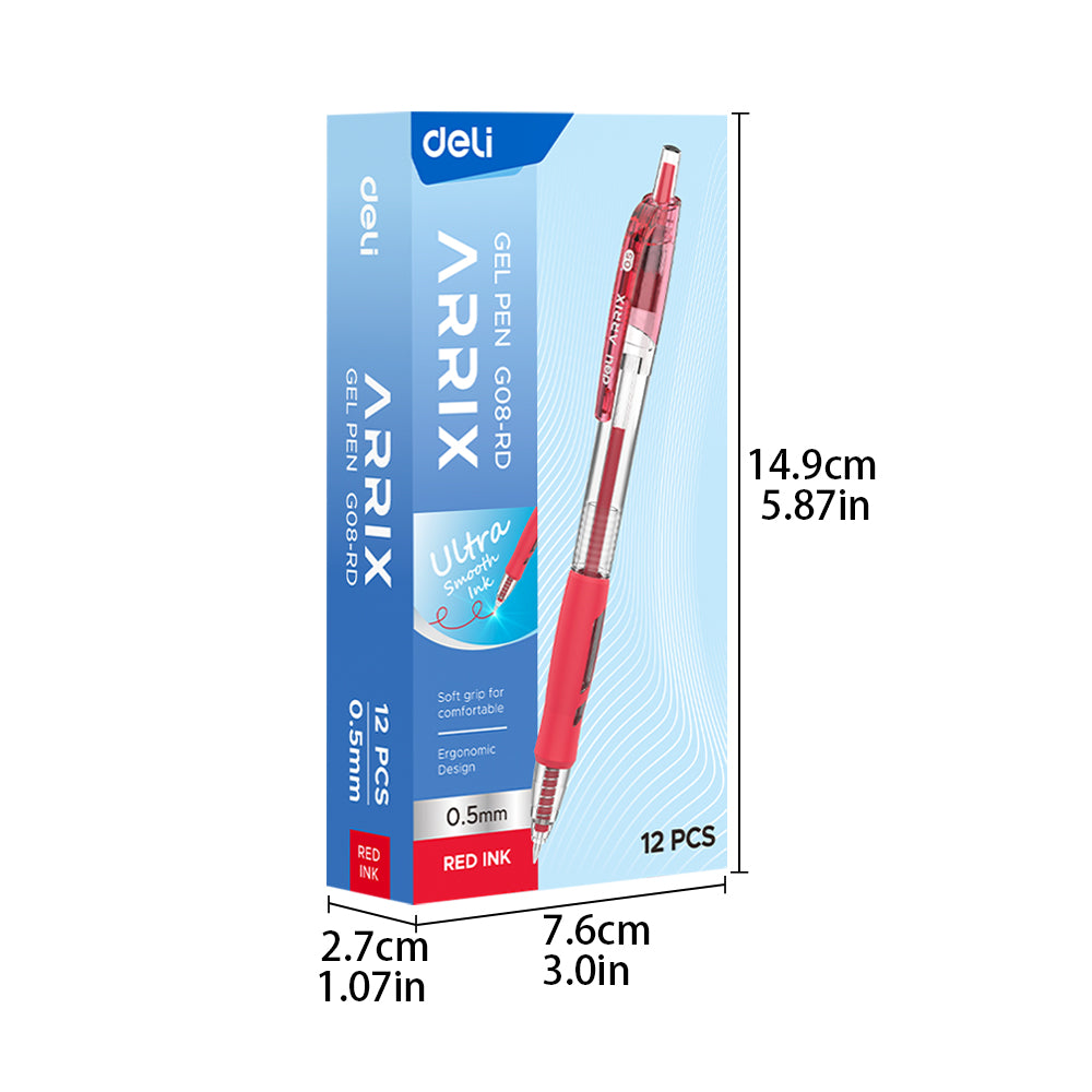 Deli Lot de 12 stylos à encre gel rouge - 0,5 mm