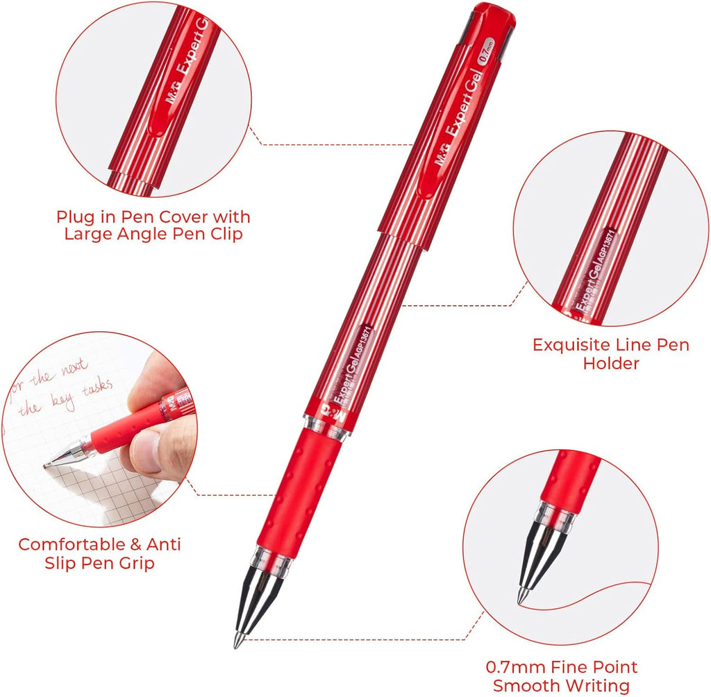 M&G ExpertGel Lot de 12 stylos gel, encre rouge, pointe moyenne 0,7 mm, séchage rapide, écriture fluide, grip antidérapant et capuchon pour bureau et école