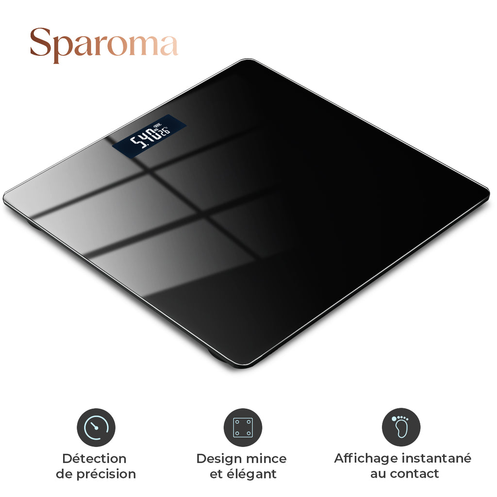 Sparoma Pèse-personne numérique noir AD-26 – Fonctionnant sur piles (2 × AAA, piles non incluses), capacité 180 kg/400 lb, précision 0,05 kg, verre trempé 4 mm, écran LCD, pour salle de bain, chambre et usage domestique