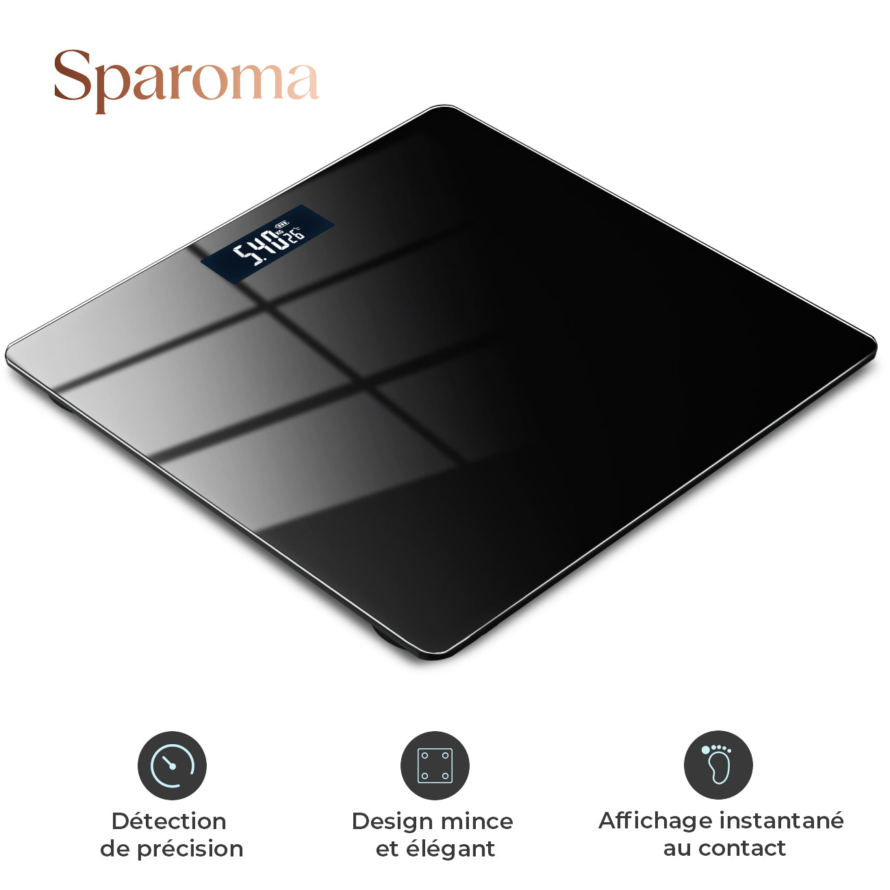 Sparoma Pèse-personne numérique noir AD-26 – Fonctionnant sur piles (2 × AAA, piles non incluses), capacité 180 kg/400 lb, précision 0,05 kg, verre trempé 4 mm, écran LCD, pour salle de bain, chambre et usage domestique