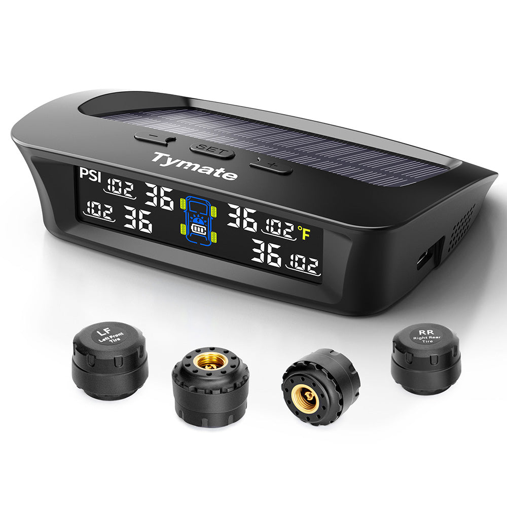 Tymate Système de surveillance de la pression des pneus pour camping-car, Moniteur de pression des pneus à recharge solaire avec 4 capteurs, 6 modes d'alarme, Écran LCD couleur