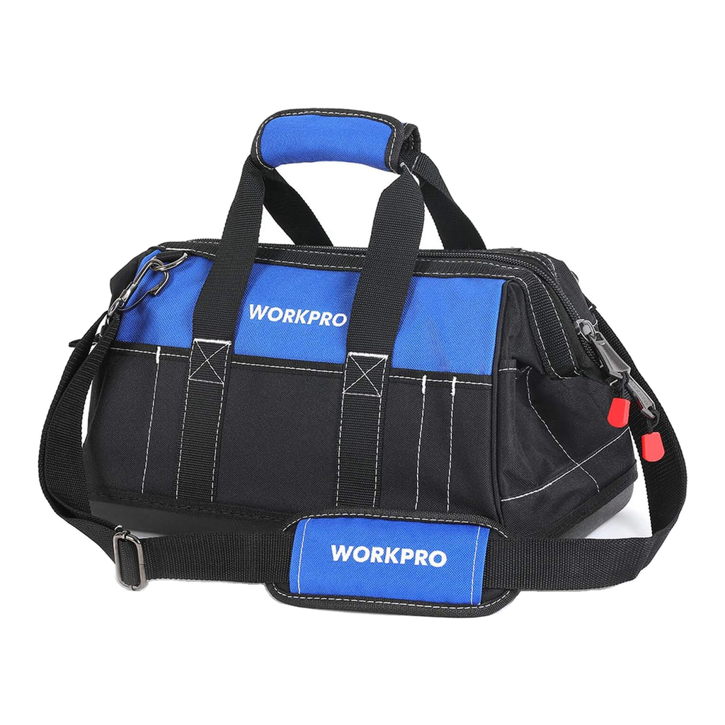 WORKPRO Sac à Outils 16 Pouces, Sac à Outils Robuste Multi-Poches avec Base Rigide en Plastique Imperméable, Sac à Outils Électromécanicien Robuste à Ouverture Large avec Bandoulière Réglable