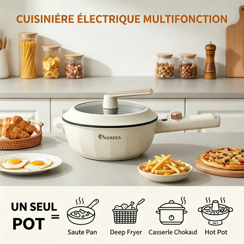 IAGREEA Cuiseur à ramen rapide amélioré, marmite électrique multifonction 2,3 L 1600 W, sauteuse antiadhésive avec réglage de puissance pour steak, œuf, riz frit, flocons d’avoine