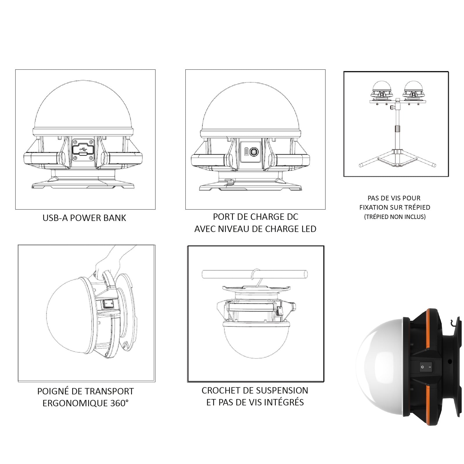 KYF Projecteur de chantier hybride 50 W 360 ° à pince, 5 500 lm, avec batterie externe
