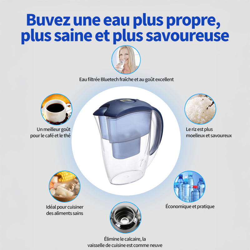 VIVREAL carafe filtrante 2.4 L, carafe de filtration d'eau avec minuterie électronique, élimine le chlore résiduel, le calcaire et les métaux lourds, compatible avec les filtres Brita