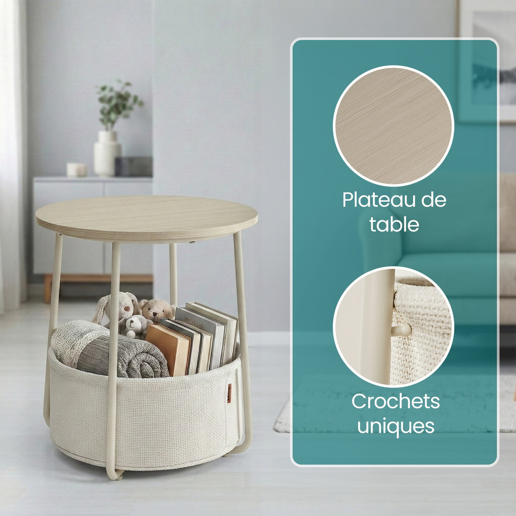 JOYFURNOS x Songmics Table d’appoint ronde 45 x 50 cm avec panier en tissu, pieds en acier, Beige naturel