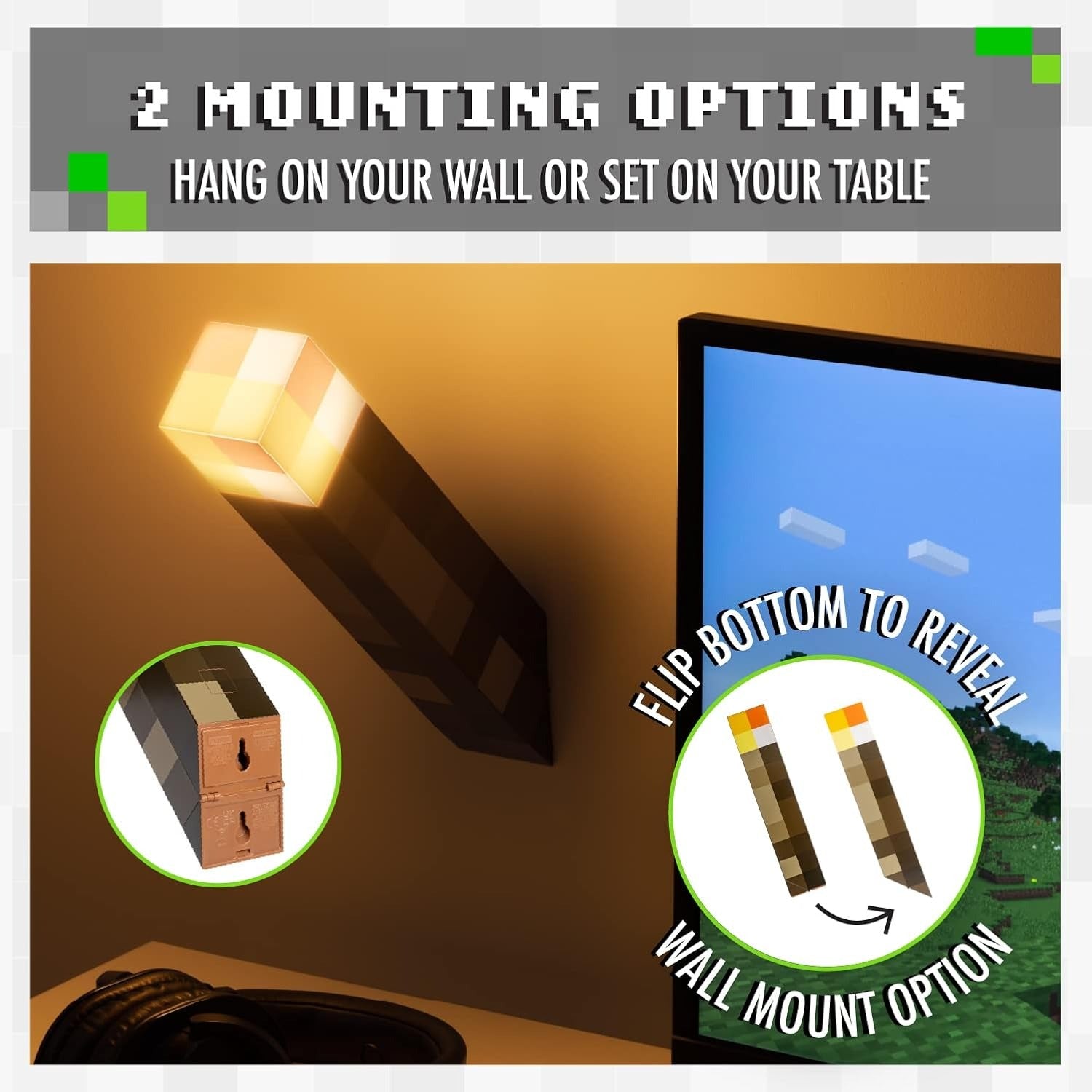 MINECRAFT Torche lumineuse - sous Licence Officielle - 29 cm - 2 Modes d'éclairage - Autoportant ou à fixer au mur - à piles