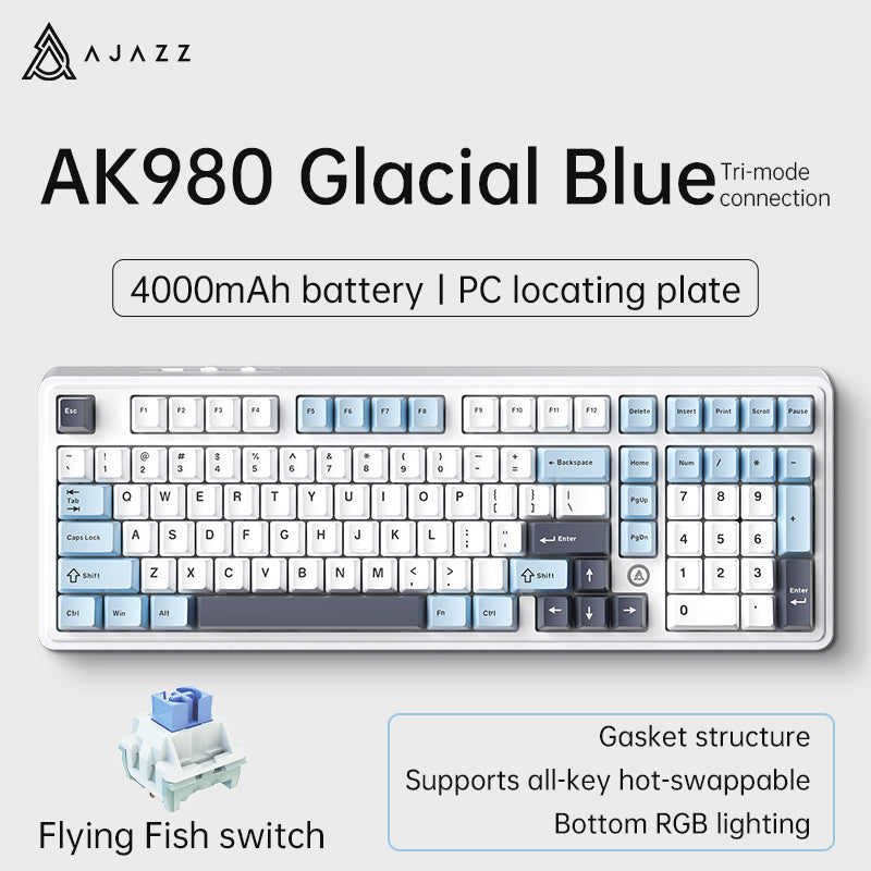 AJAZZ AK980 V2 clavier mécanique sans fil, disposition QWERTY 98 % interchangeable à chaud pour jeu, batterie 10000 mAh, filaire/Bluetooth/2,4G, éclairage RVB