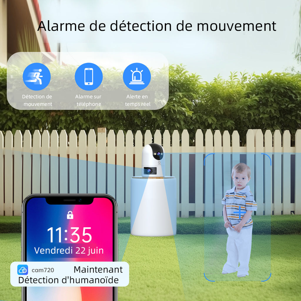 JOOAN W8-U X Caméra de sécurité intérieure/extérieure à double objectif, Wi-Fi double bande 2,4 GHz/5 GHz, vue 360°, IP66, vision nocturne couleur, enregistrement 24 h/24 et 7 j/7, suivi automatique, audio bidirectionnel, stockage en nuage/sur carte,