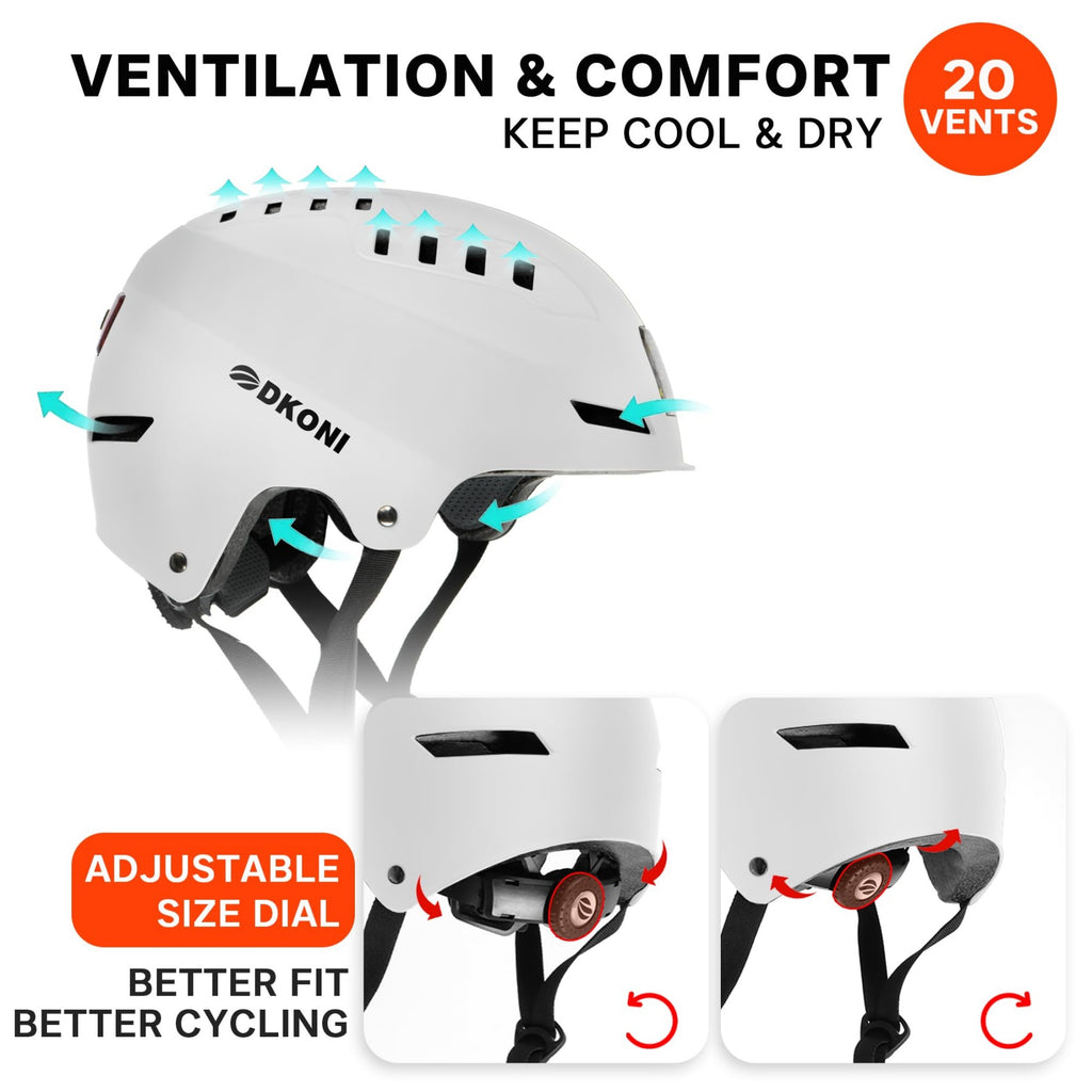 DKONI HS-158 Casque de vélo adulte rechargeable USB avec éclairage avant et arrière Pour hommes et femmes Blanc S 48-55 cm