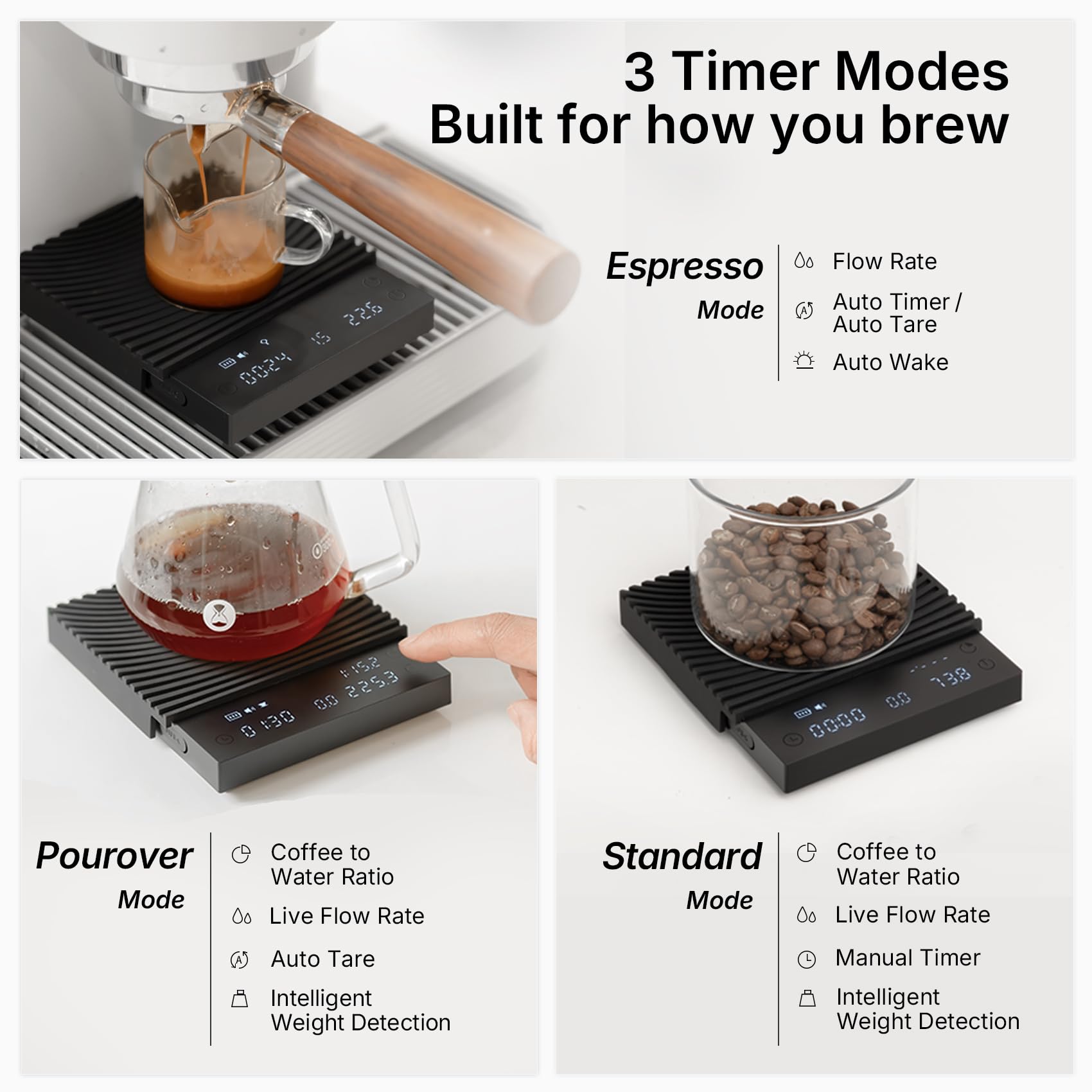 TIMEMORE Balance à Café Basic 3.0 avec Rapport Café-Eau/Debit d'Eau/Fonction Minuteur, Commutation Libre des Unités Ounce/kg, Balance Numérique pour Mode Espresso et Pourover, Noir