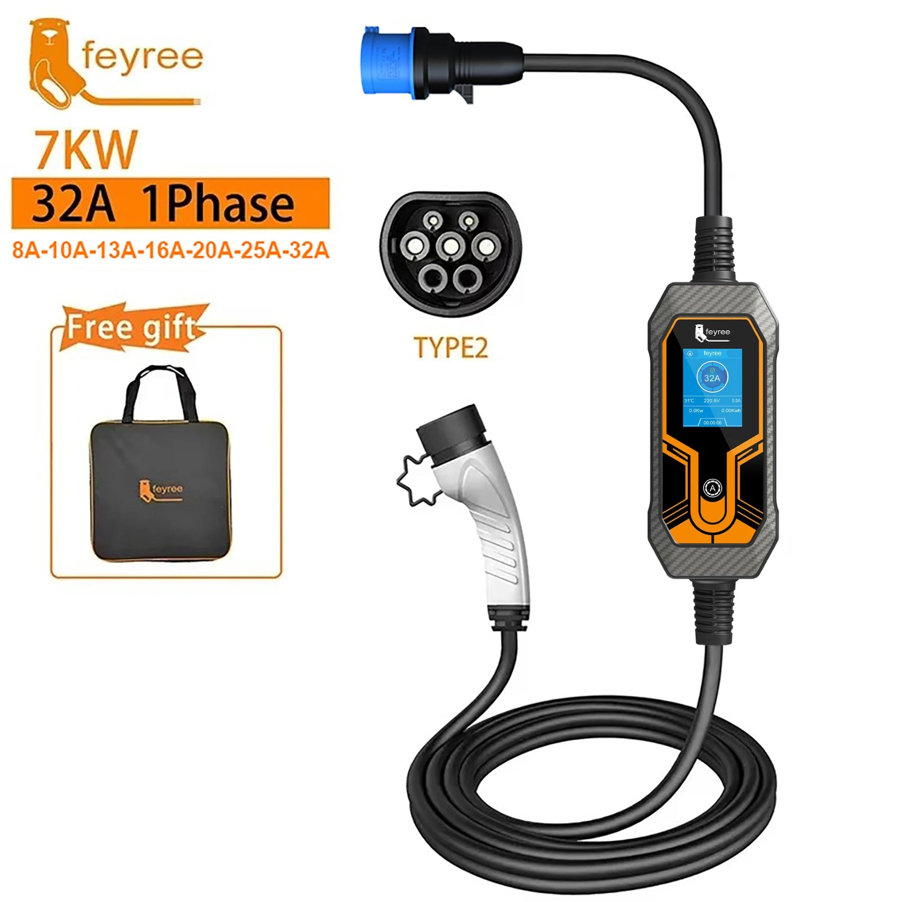 feyree Station de charge portable EVSE 7 kW (type 2, 1 phase, 32 A, câble 5 m, prise mâle CEE) pour voiture électrique