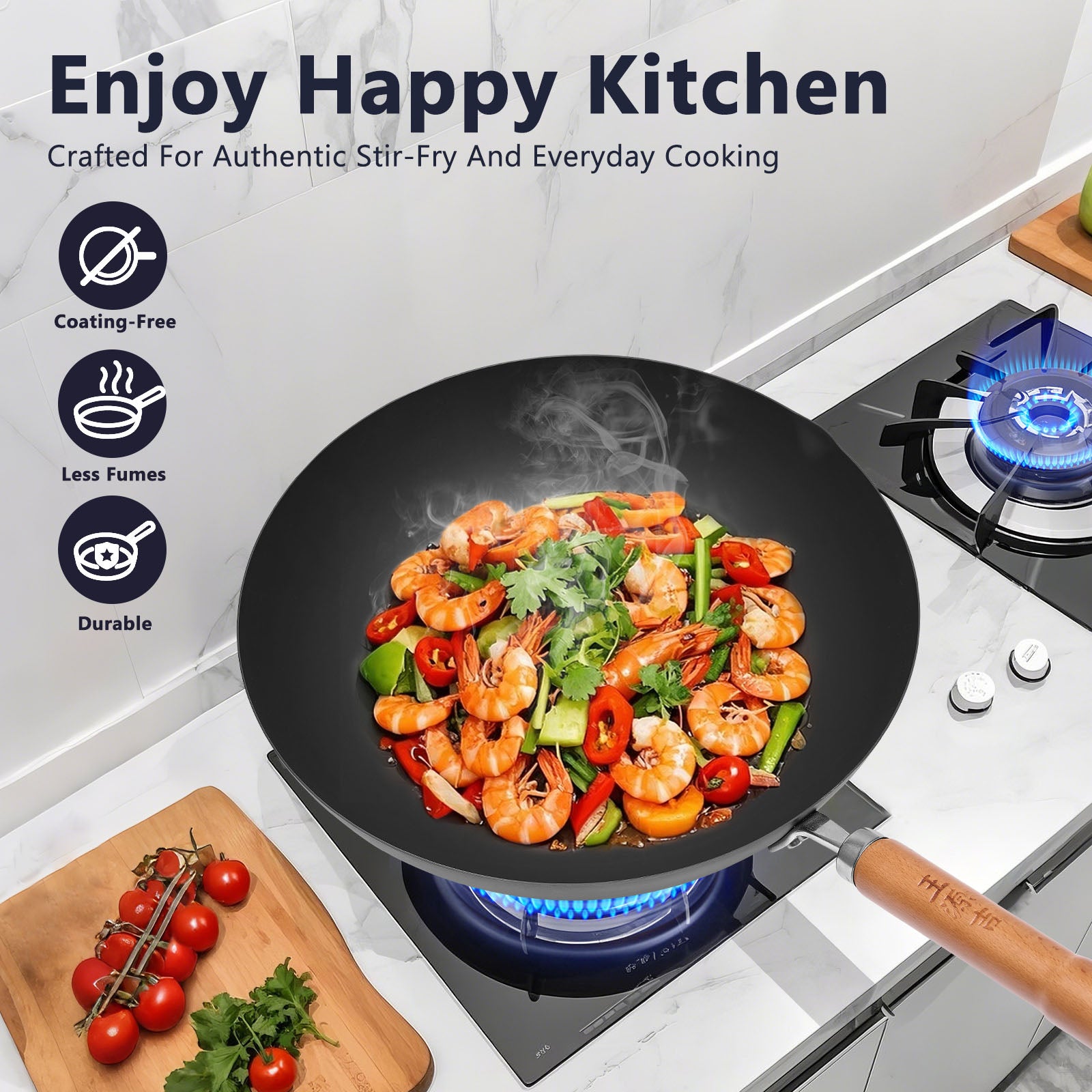 wangyuanji 11,8" Woks et poêles à sauter chinoises en acier au carbone, Poêle à rôtir chinoise à fond plat avec couvercle en verre, Compatible avec toutes les plaques de cuisson