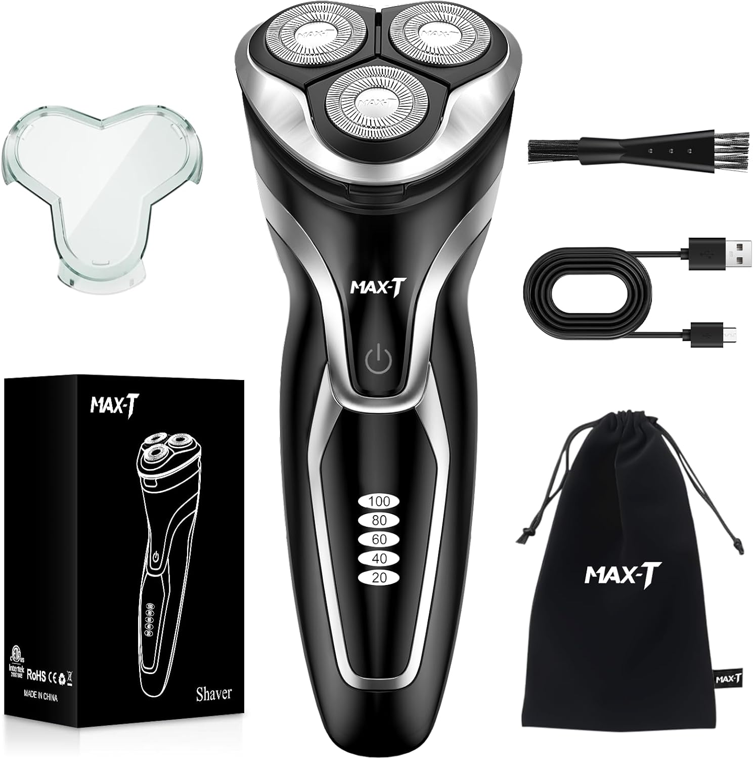 Rasoir électrique MAX-T pour hommes – Rasoir électrique pour rasage à sec et sous l'eau – Charge rapide en 1 h et autonomie de 120 min – Protection de la peau – Étanchéité IPX7