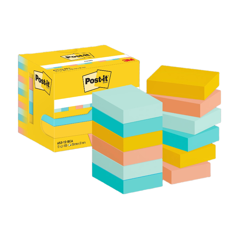 Notes repositionnables Post-it, Collection de couleurs Beachside, 38 mm x 51 mm, 100 feuilles/feuille, 12 pads/lot, emballage en carton, 100 % PEFC, SGSCH-PEFC-COC-110078