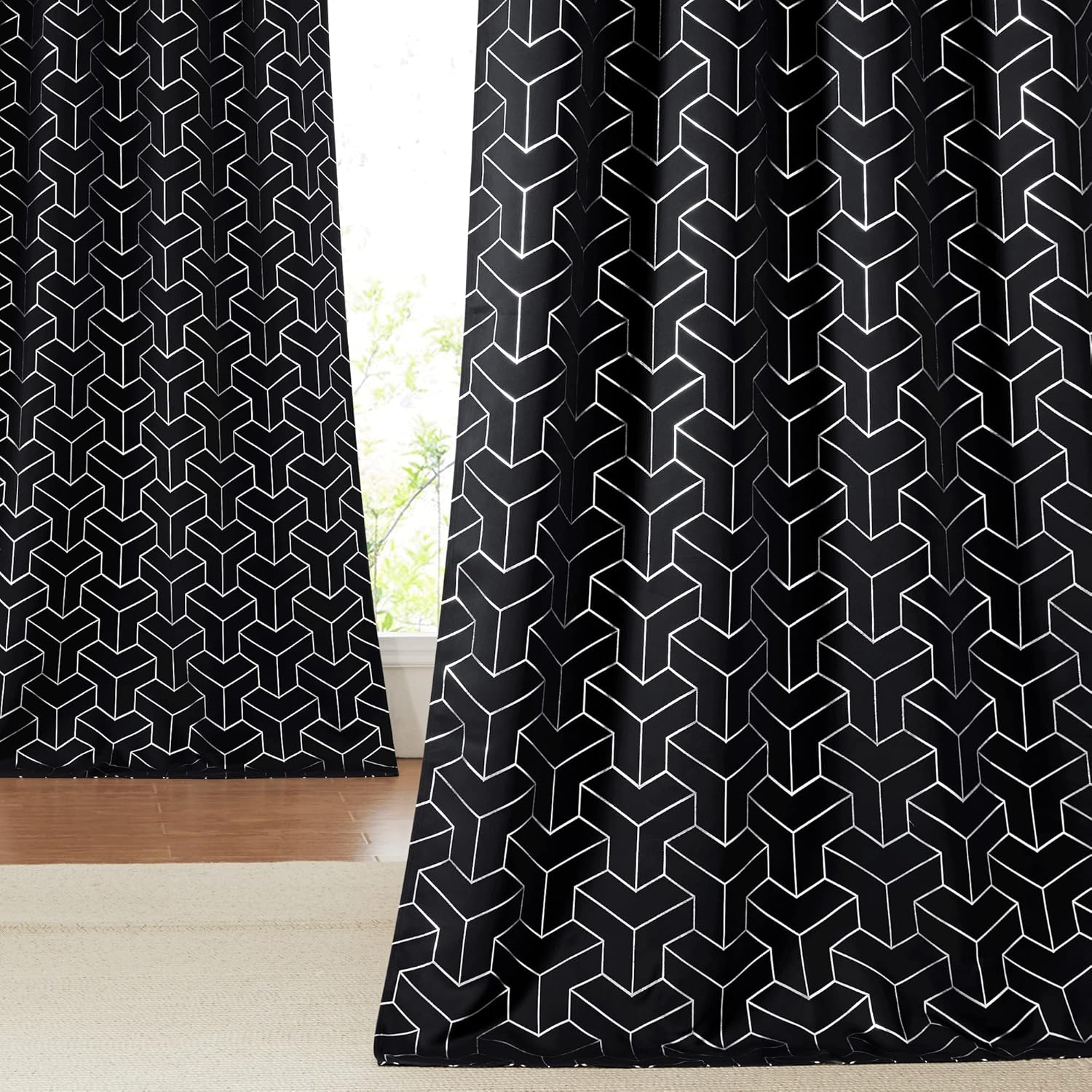 PONY DANCE Store occultant imprimées pailletées à œillets, lot de 2, W 140 x L 245 cm (W 55 x L 96 pouces), noir