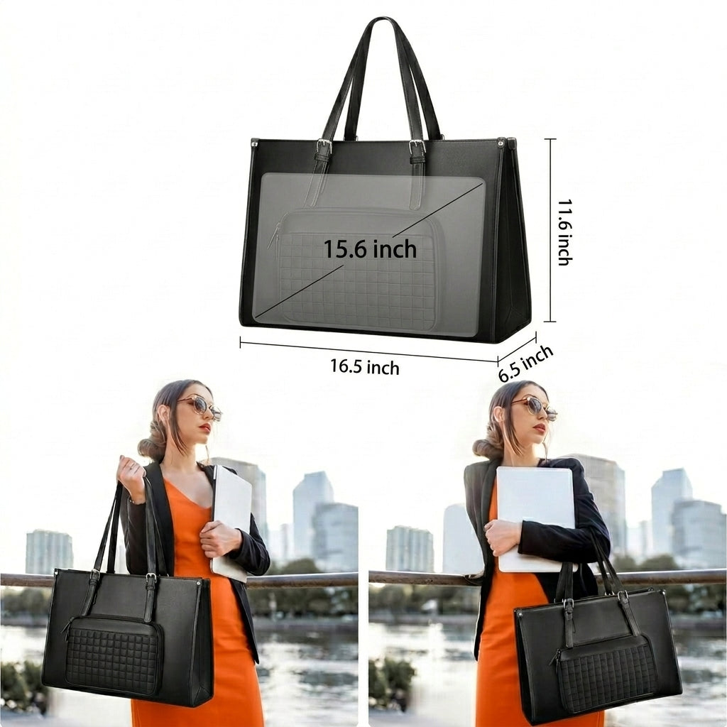 Sac cabas pour ordinateur portable avec compartiment déjeuner isotherme, sacoche en cuir synthétique polyuréthane 15,6 pouces avec poche étanche pour boîte à déjeuner pour femme