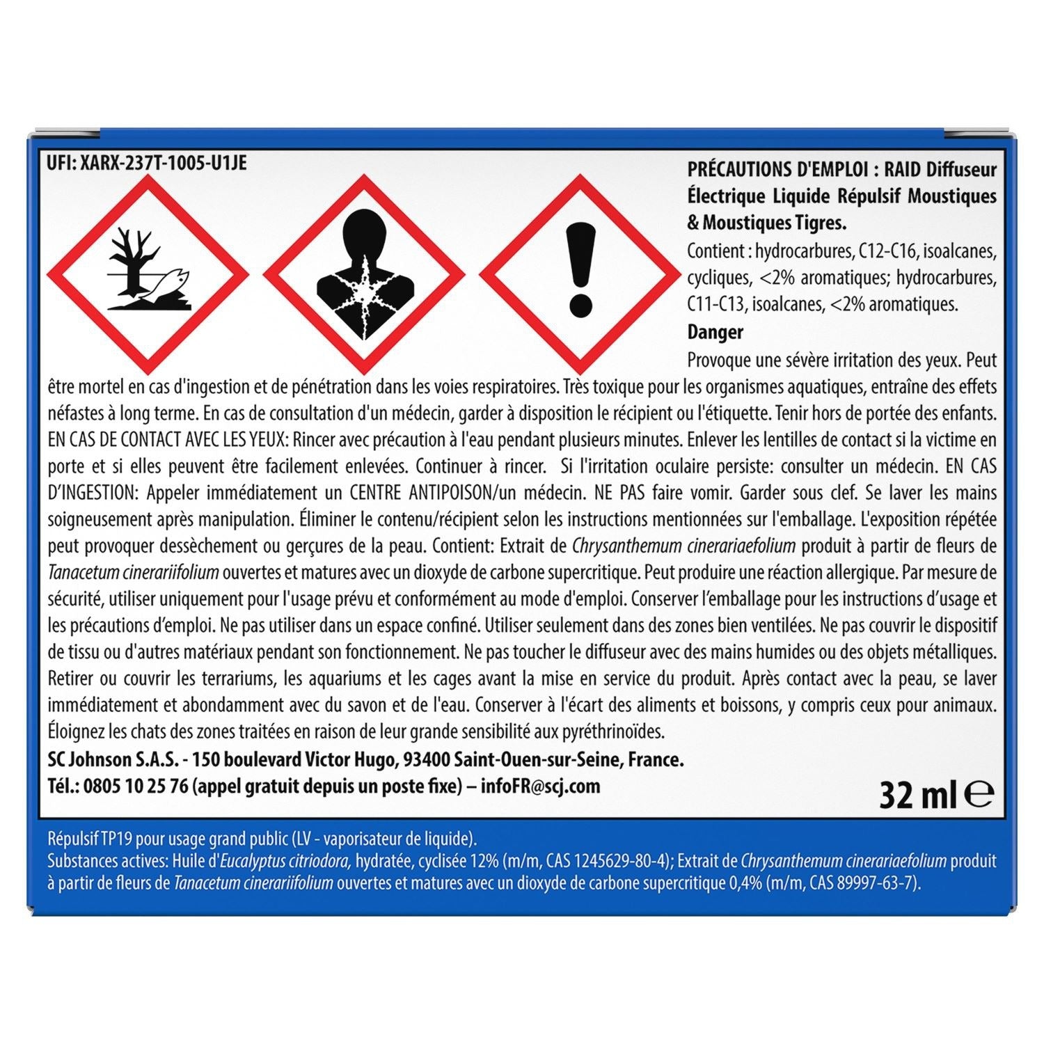 Raid Diffuseur électrique répulsif anti-moustiques avec recharge liquide, Protection jusqu'à 45 nuits, Sans parfum, 32 ml