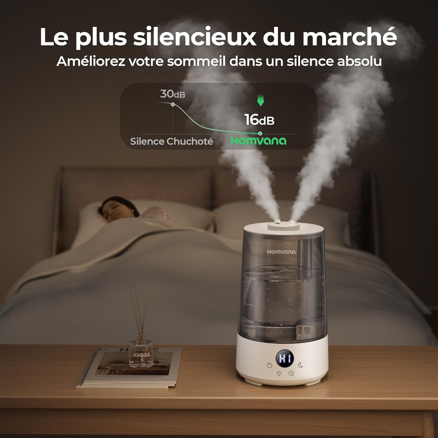 Homvana Humidificateur 3,6 L H101, Gris - Remplissage par le haut, Technologie de pulvérisation silencieuse, Brume fraîche 360°, Autonomie 34 h, Silencieux 16 dB, Sans BPA