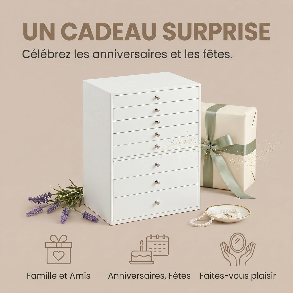 JOYFURNOS Organisateur de bijoux avec tiroirs, Boîte de rangement à 8 niveaux, Grande capacité, Idée cadeau moderne, Pour chambre, Blanc