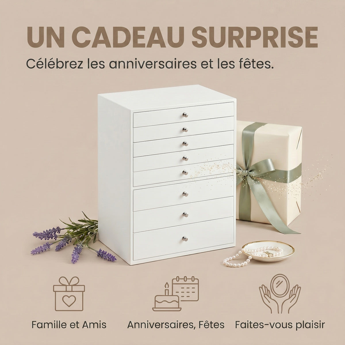 JOYFURNOS Organisateur de bijoux avec tiroirs, Boîte de rangement à 8 niveaux, Grande capacité, Idée cadeau moderne, Pour chambre, Blanc