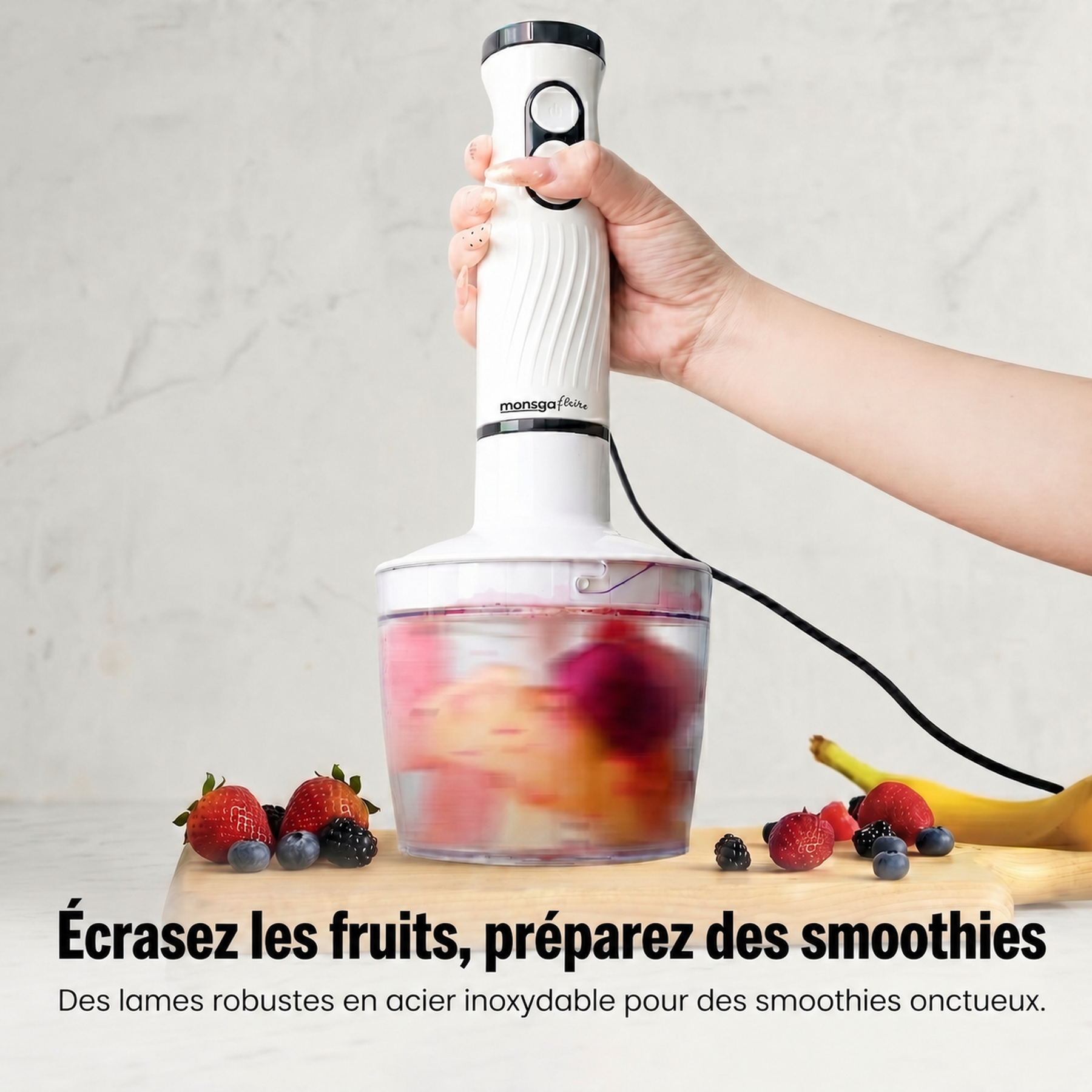 monsga Mixeur plongeant et fouet 2-en-1 S100, Mixeur plongeant ergonomique avec modes normal/turbo, Protection anti-éclaboussures et protection des casseroles, Hachoir 500 ml