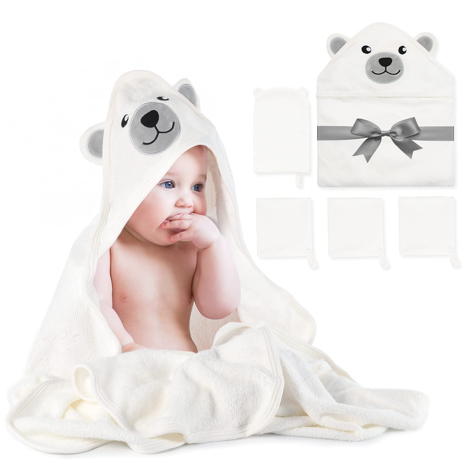 Momcozy Coffret cadeau de serviettes de bain en fibre de bambou (motif ours, 5 pièces)
