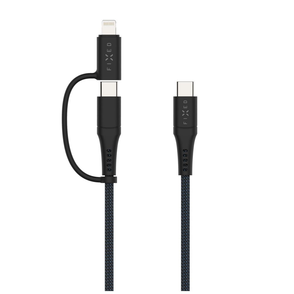 FIXED Câble USB-C vers USB-C tressé avec adaptateur Lightning, 3 m, Certifié MFi, Charge Rapide PD 60W, Gris