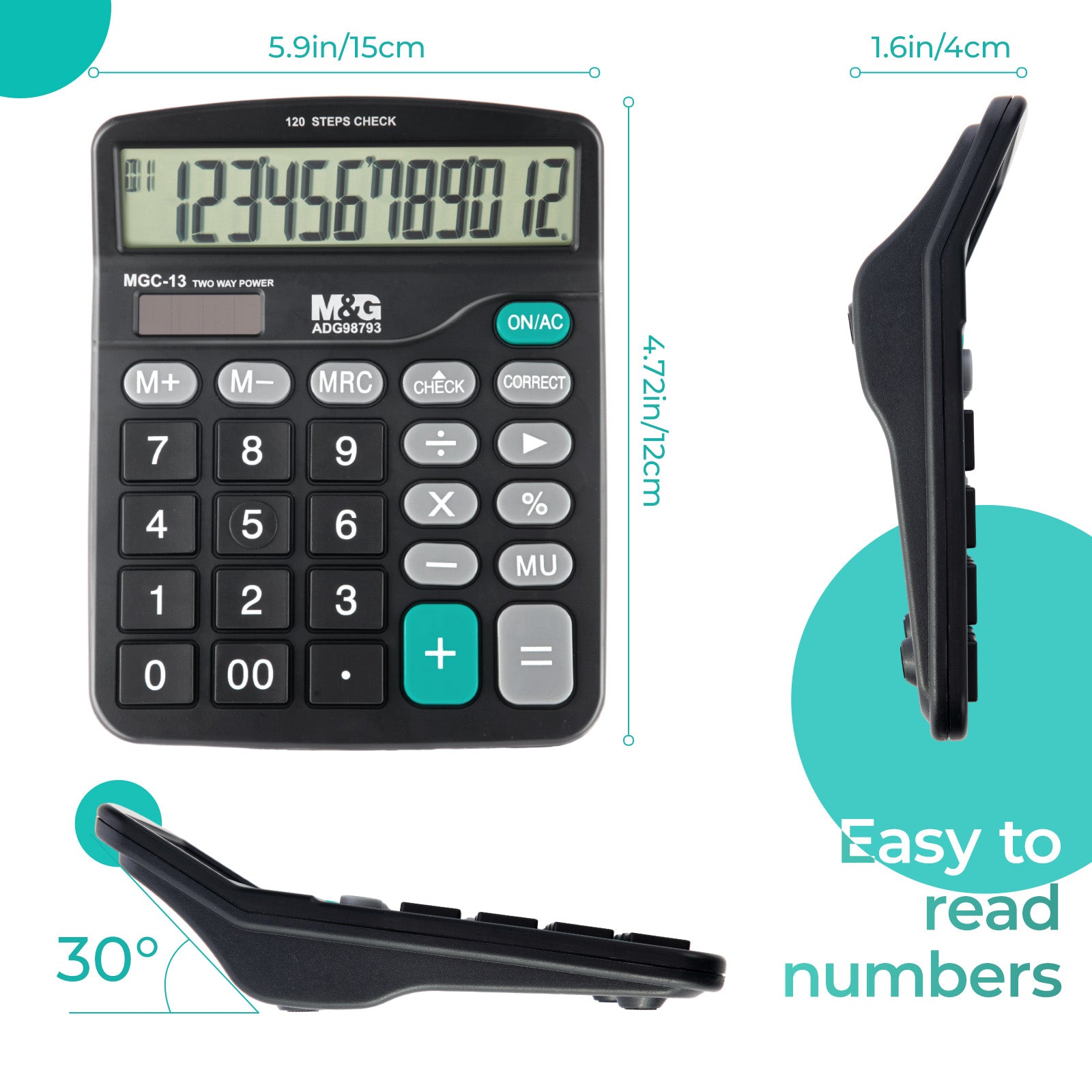 M&G Calculatrice de bureau 12 chiffres avec grand écran LCD, fonction de vérification et de correction, double alimentation solaire et batterie - Noir