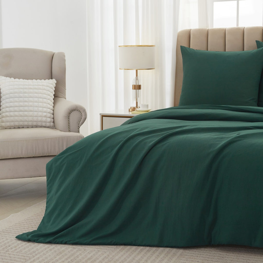 MEEALLHOME Parure de lit en flanelle lavée vert foncé - 1 housse 200 x 220 cm et 2 taies 80 x 80 cm
