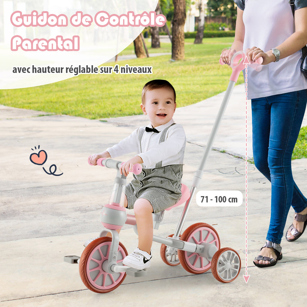 Costway Tricycle enfant 4-en-1 avec barre de poussée parentale réglable, adapté aux 2-4 ans - Rose