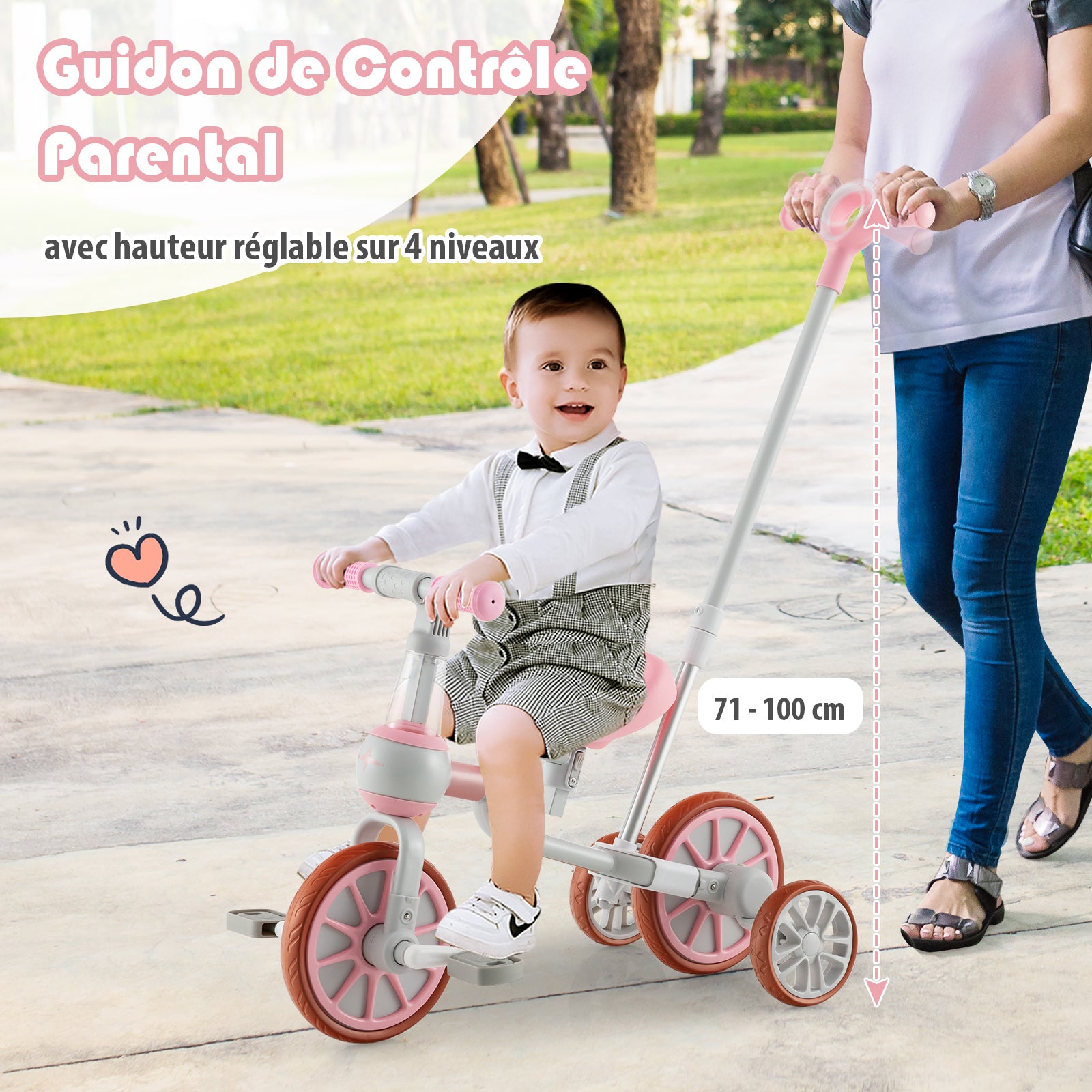 Costway Tricycle enfant 4-en-1 avec barre de poussée parentale réglable, adapté aux 2-4 ans - Rose