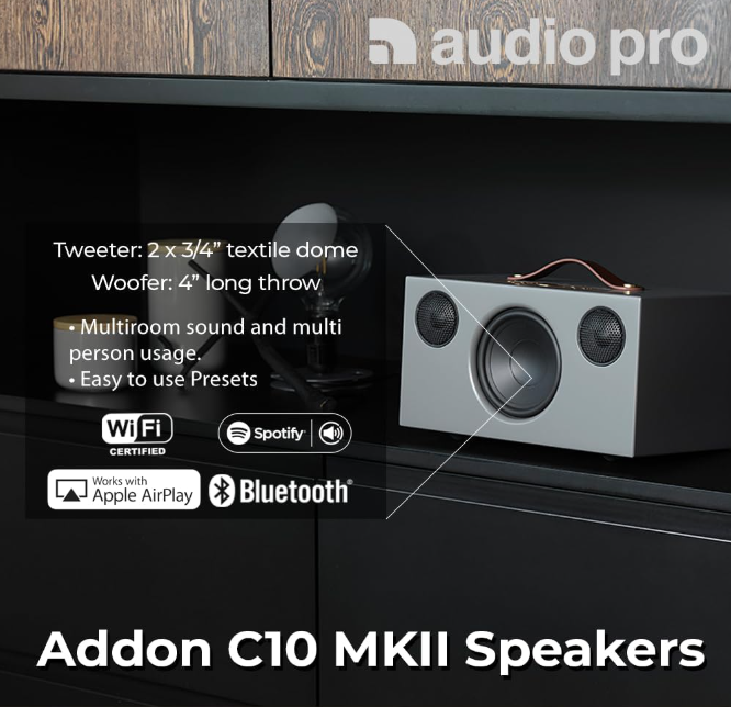 Audio Pro C10 MkII Gris Enceinte multiroom compacte sans fil Wi‑Fi AirPlay2 - Bluetooth, Google Cast et système multiroom Audio Pro, 6 Préréglages, Panneau frontal en tissu amovible