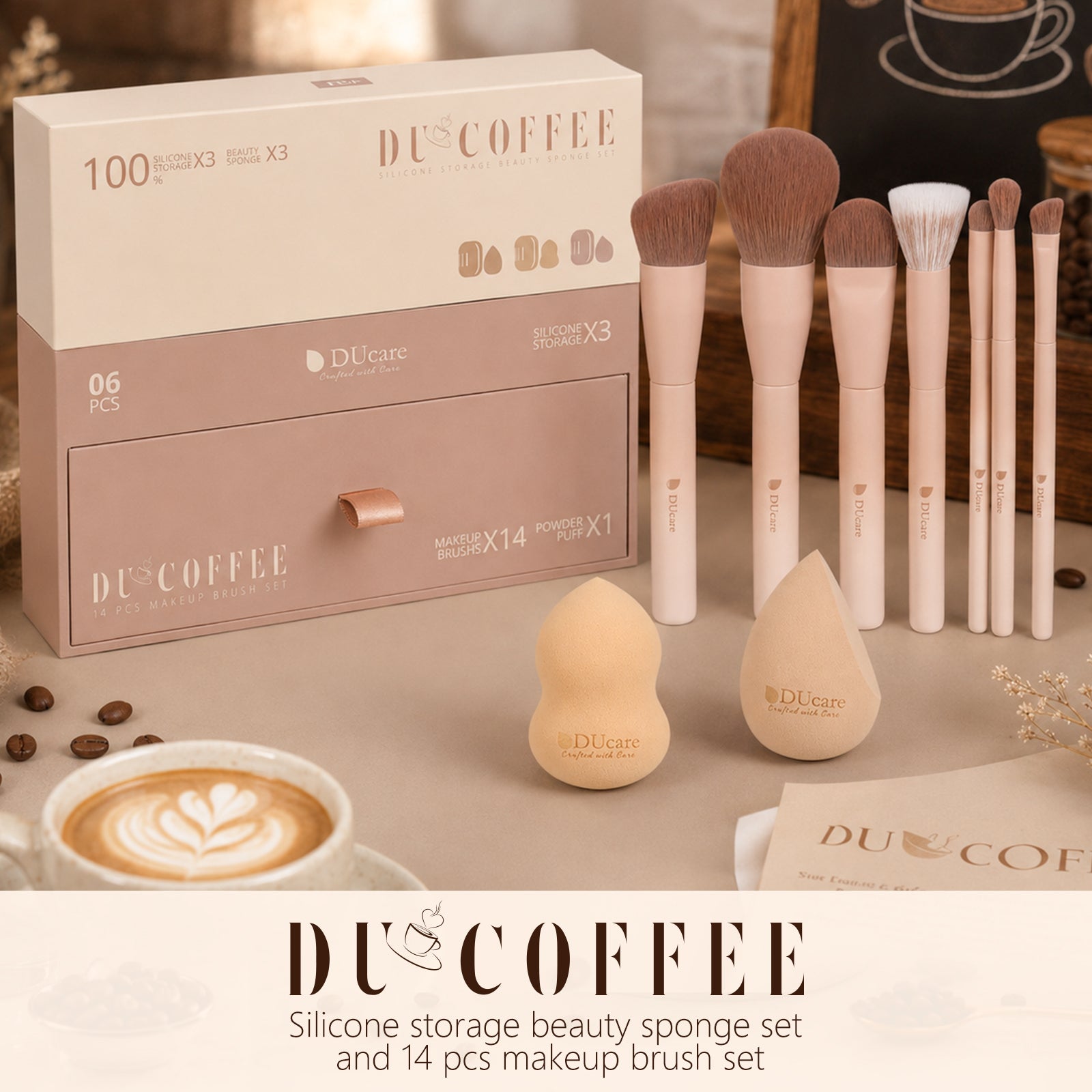 DUcare Série Café Pinceaux de Maquillage de Luxe 14 Pcs et 3 Pcs Éponges à Maquillage pour Cadeaux de Fêtes avec Élégante Boîte Cadeau