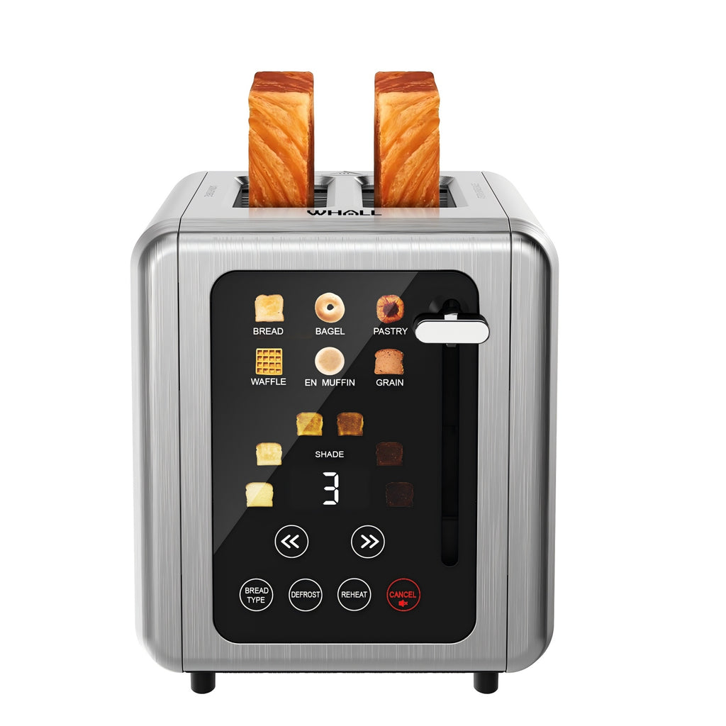 WHALL Grille-pain numérique intelligent avec écran tactile, 2 tranches, fentes larges de 1,5 pouce, 6 niveaux de toast et 6 types de pain, fonction mémoire, minuteur, inox brossé