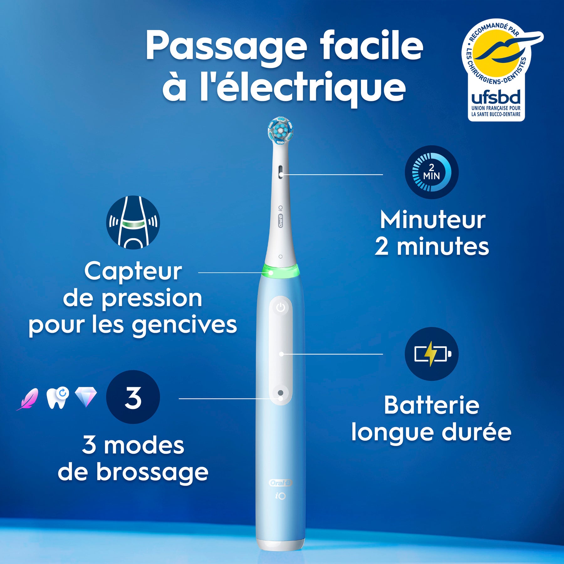 Oral-B iO3 Brosse à Dents Électrique Blue - Protection des gencives avec Capteur de Pression Intelligent et Lumineux, 3 Modes dont "Douceur"