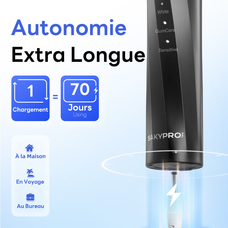 SAKYPRORAL T2 MAX Brosse à dents électrique avec 6 têtes de brosse, 5 modes de brossage, autonomie de 75 jours, minuteur intelligent - Noir