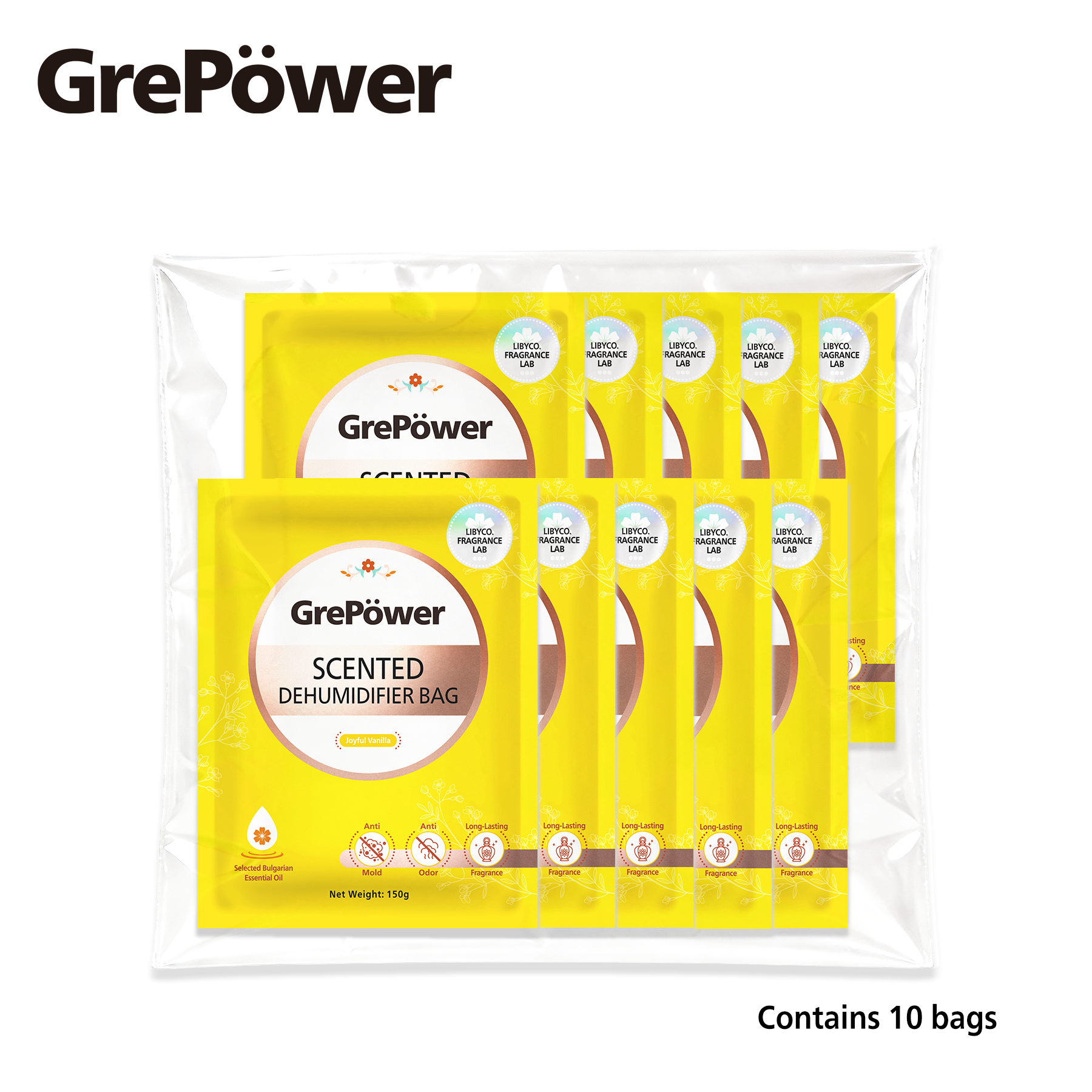 GrePower Saches déshumidifiants à suspendre (parfum vanille), lot de 10, empêchent efficacement l'humidité et la condensation, pour placards, maison, cuisine, garage, chambre