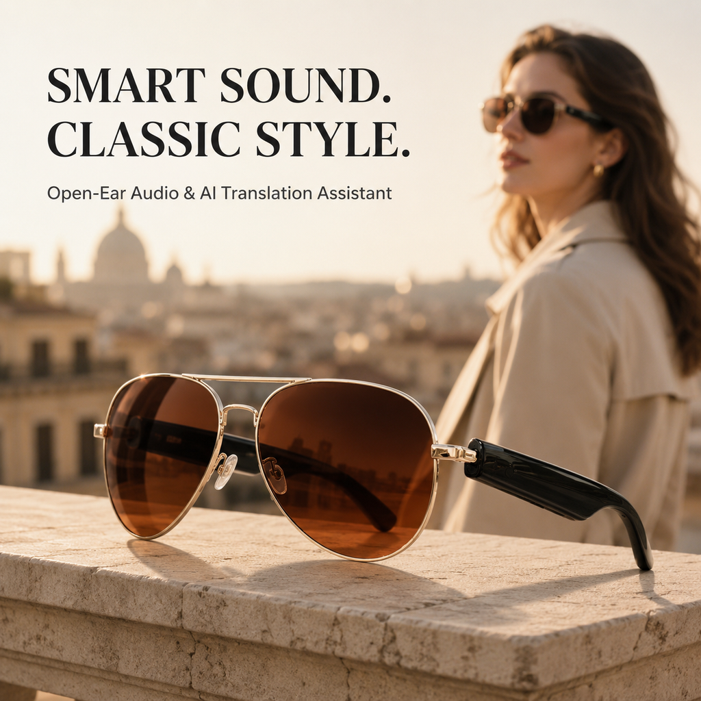 Verbex Lunettes marron Lunettes intelligentes traduisent en 125 langues Prendre des photos Réveiller Musique répondre aux appels Météo ChatGPT (avec traduction permanente fonction multilingue)