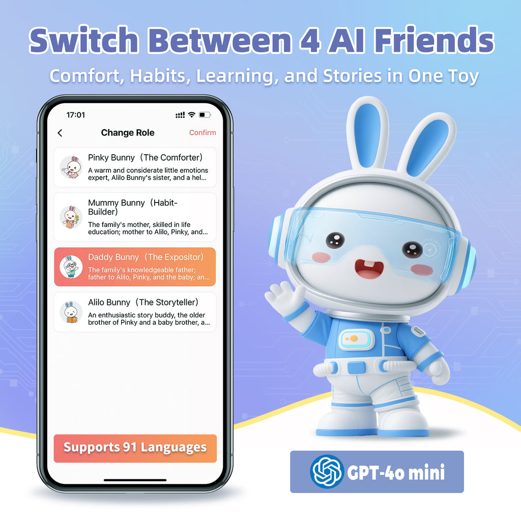 alilo Lapin Intelligent AI pour Enfants, Compagnon Interactif ChatGPT avec Voix en Temps Réel, 4 Agents & 91 Langues, Contient 48 Histoires en Anglais, 50 Contes, 66 Chansons, 28 Berceuses & 34 Morceaux Classiques, Haut-Parleur Bluetooth
