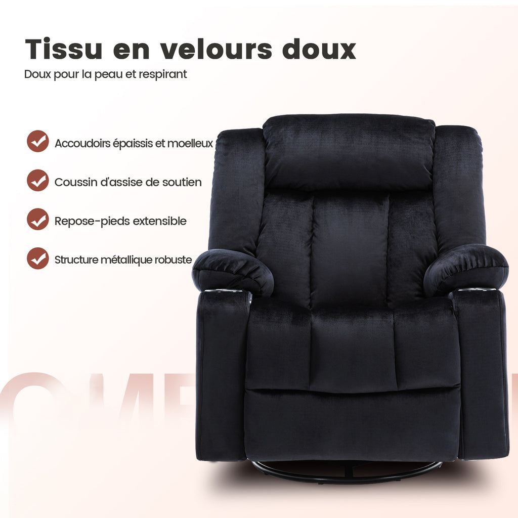 COMHOMA Chaise de relaxation manuelle pivotante pour adultes avec dossier réglable et repose-pieds, chaise longue 361° pour salon, porte-gobelet, poches latérales, tissu doux, ergonomique, noir