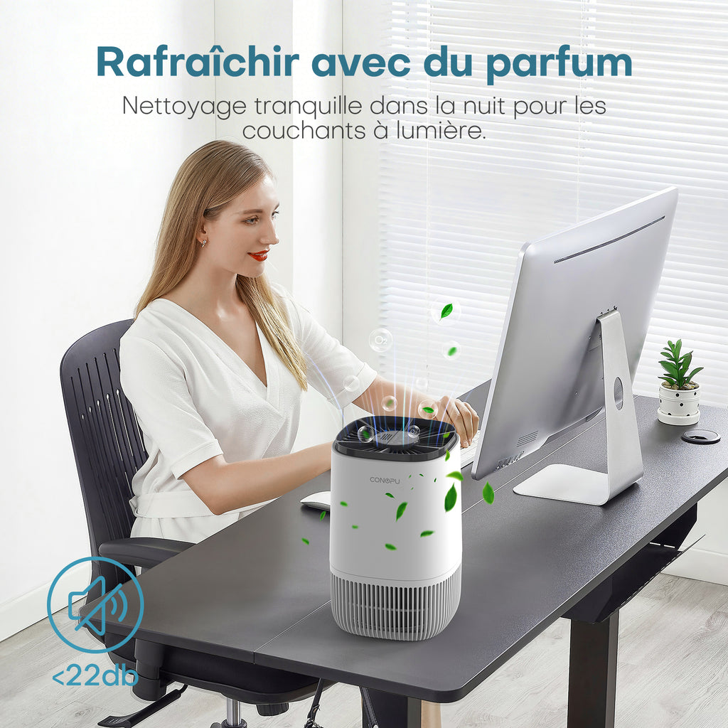 CONOPU Purificateur d'air HEPA avec diffuseur de parfum, 3 modes, minuterie 24 h, élimine fumée / pollen / squames et poils d'animaux, portable pour chambre / salon