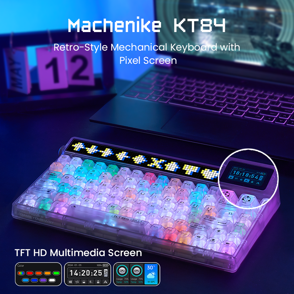 Machenike KT84-B84W clavier mécanique 75 %, triple mode, disposition QWERTY US, matrice LED personnalisable, écran TFT HD, design transparence, montage à joints remplaçable à chaud