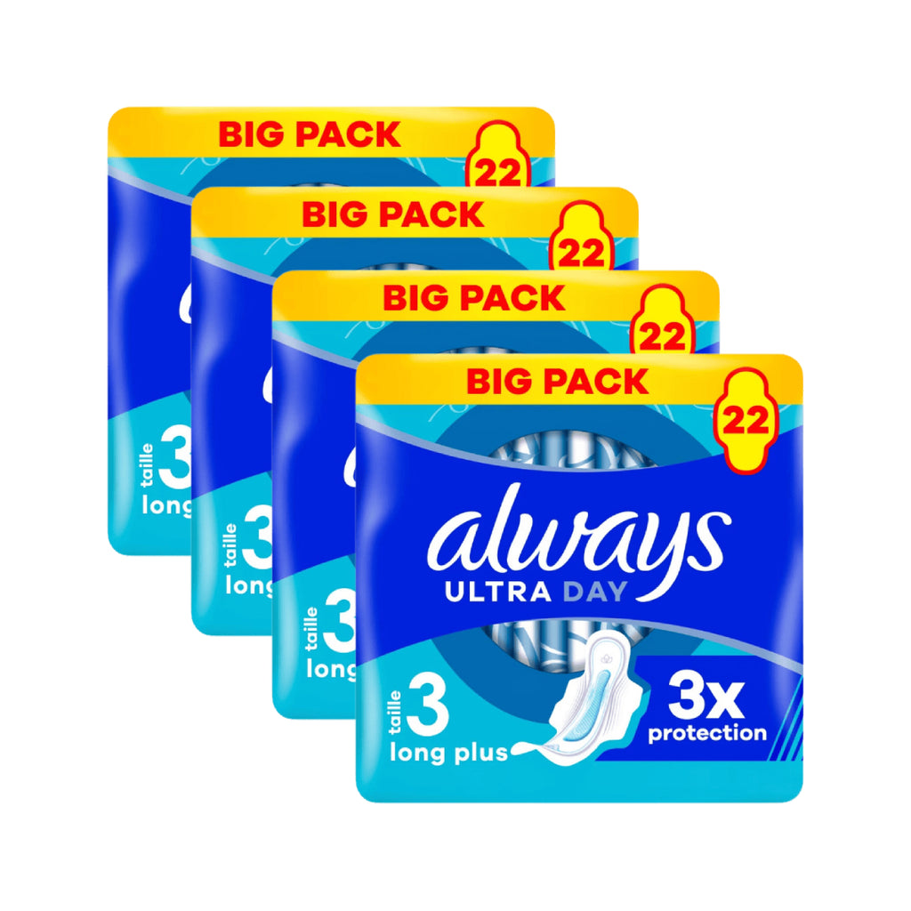 Always Serviettes Hygiéniques Ultra Long Plus (Taille 3) Avec Ailettes 88 Serviettes Super Absorbantes Ultra Fines Pour Menstruation (4 Paquets de 22)