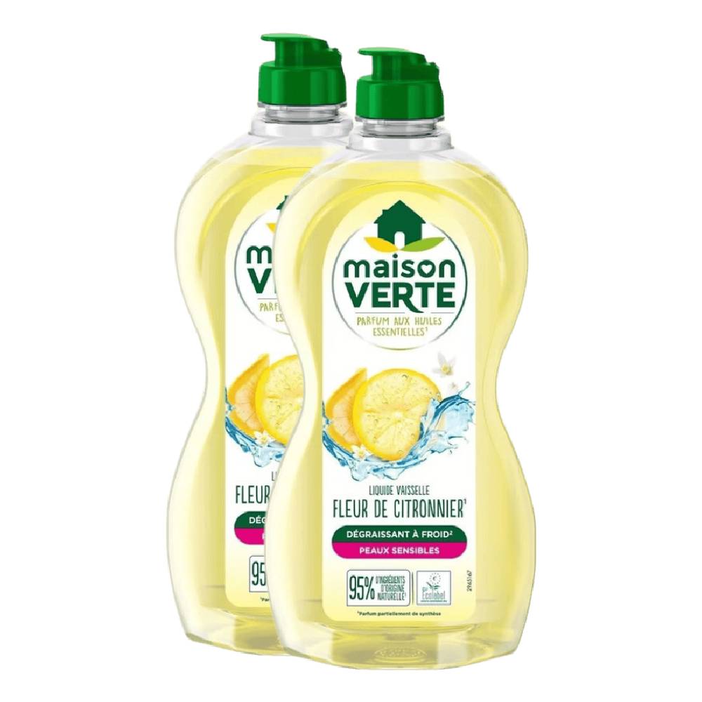 Maison Verte Liquide Vaisselle, Formule Dégraissante à Froid pour Peaux Sensibles, Certifié Écolabel, Fleur de Citronnier, 2 x 500 ml (= 1 L)