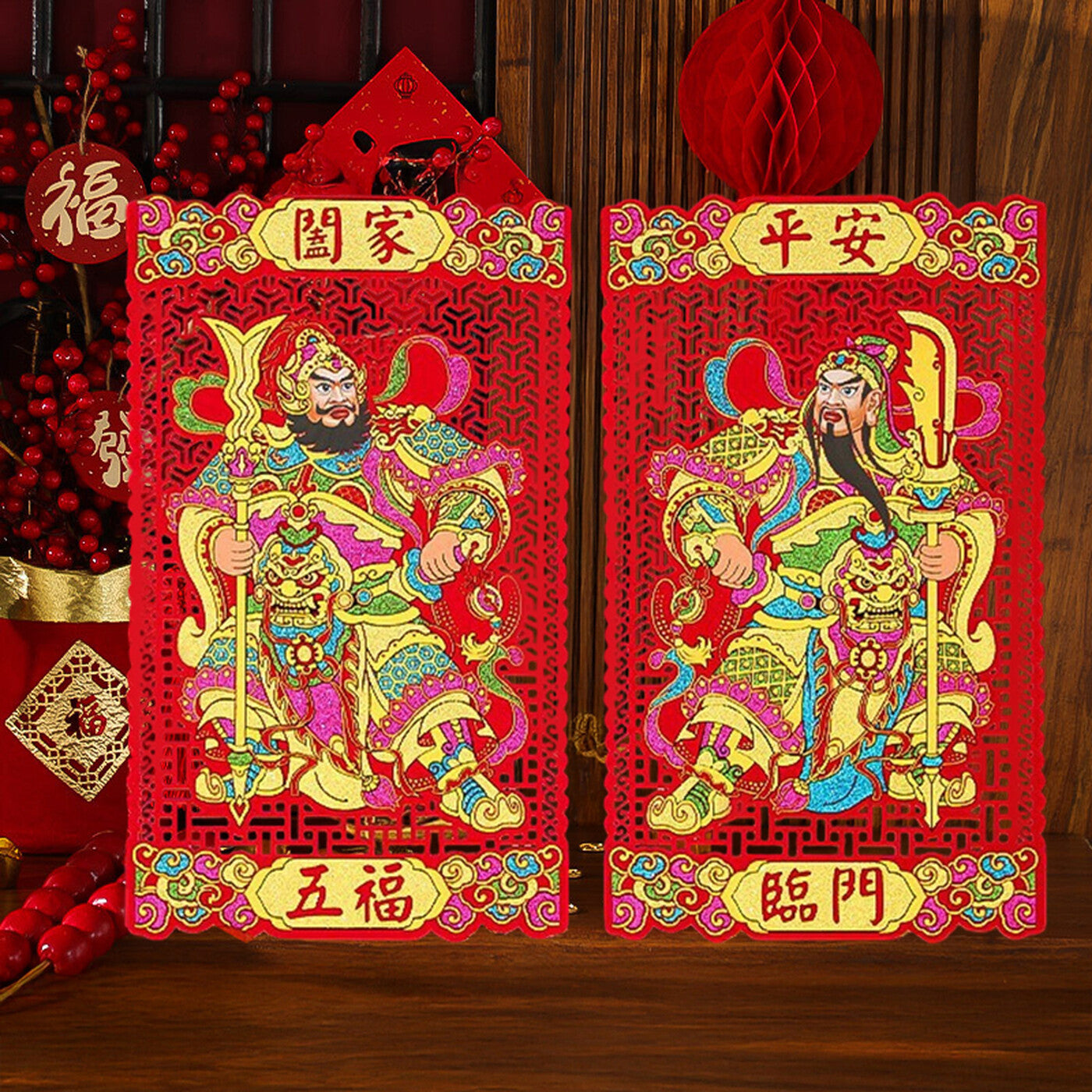 Wei's moment 2 pcs/1 set 17 in stickers dieux de la porte du Nouvel An chinois, décorations auto-adhésives Men Shen pour le festival printanier du Nouvel An lunaire Wu Fu Lin Men
