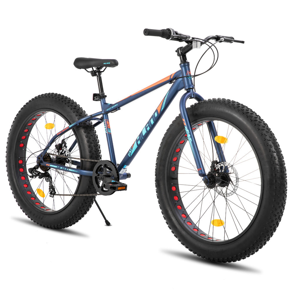 Hiland Roon VTT à pneus larges pour enfants, adolescents et adultes, standard européen, Shimano 7 vitesses, double frein à disque, bleu, 24 po